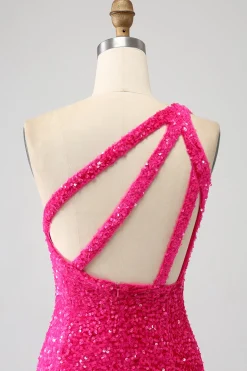 Sereia brilhante um ombro Fuchsia Sequins longo vestido de baile com fenda