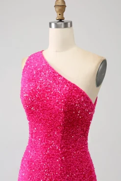 Sereia brilhante um ombro Fuchsia Sequins longo vestido de baile com fenda