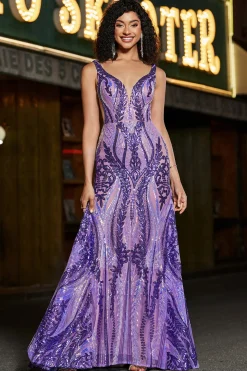 Sereia brilhante V pescoço roxo escuro Sequins longo vestido de baile com costas abertas