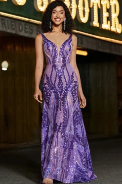 Sereia brilhante V pescoço roxo escuro Sequins longo vestido de baile com costas abertas