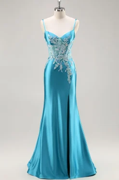 Sereia Cetim Corset Blue Prom Vestido com Missangas