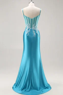 Sereia Cetim Corset Blue Prom Vestido com Missangas