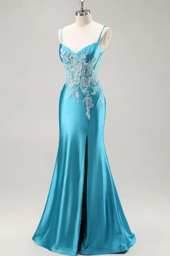 Sereia Cetim Corset Blue Prom Vestido com Missangas
