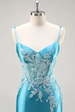 Sereia Cetim Corset Blue Prom Vestido com Missangas
