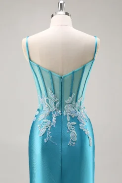 Sereia Cetim Corset Blue Prom Vestido com Missangas