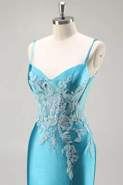Sereia Cetim Corset Blue Prom Vestido com Missangas