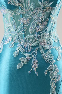 Sereia Cetim Corset Blue Prom Vestido com Missangas