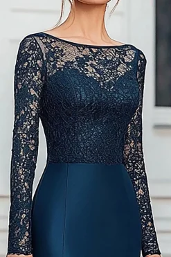 Sereia Cetim Renda Marinha Mãe da Noiva Vestido com mangas compridas