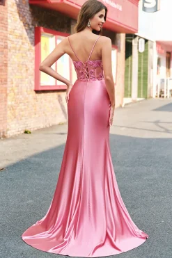 Sereia Cetim Sequined Corset Coral Long Prom Dress com Fenda