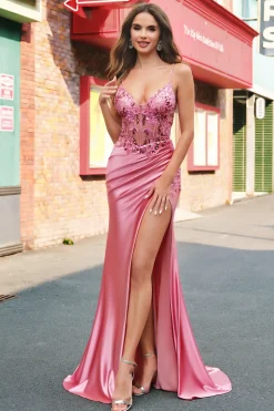 Sereia Cetim Sequined Corset Coral Long Prom Dress com Fenda