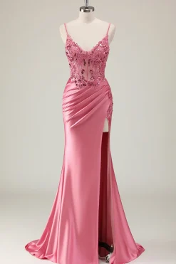 Sereia Cetim Sequined Corset Coral Long Prom Dress com Fenda