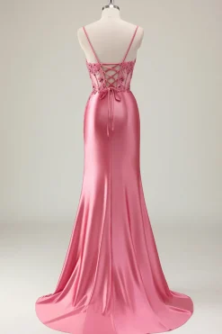 Sereia Cetim Sequined Corset Coral Long Prom Dress com Fenda