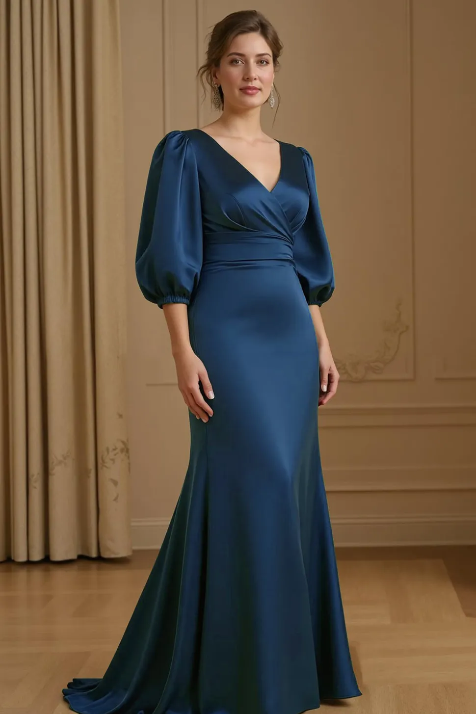 Sereia Cetim V Pescoço Marinha Vestido de Noiva com 3/4 Mangas