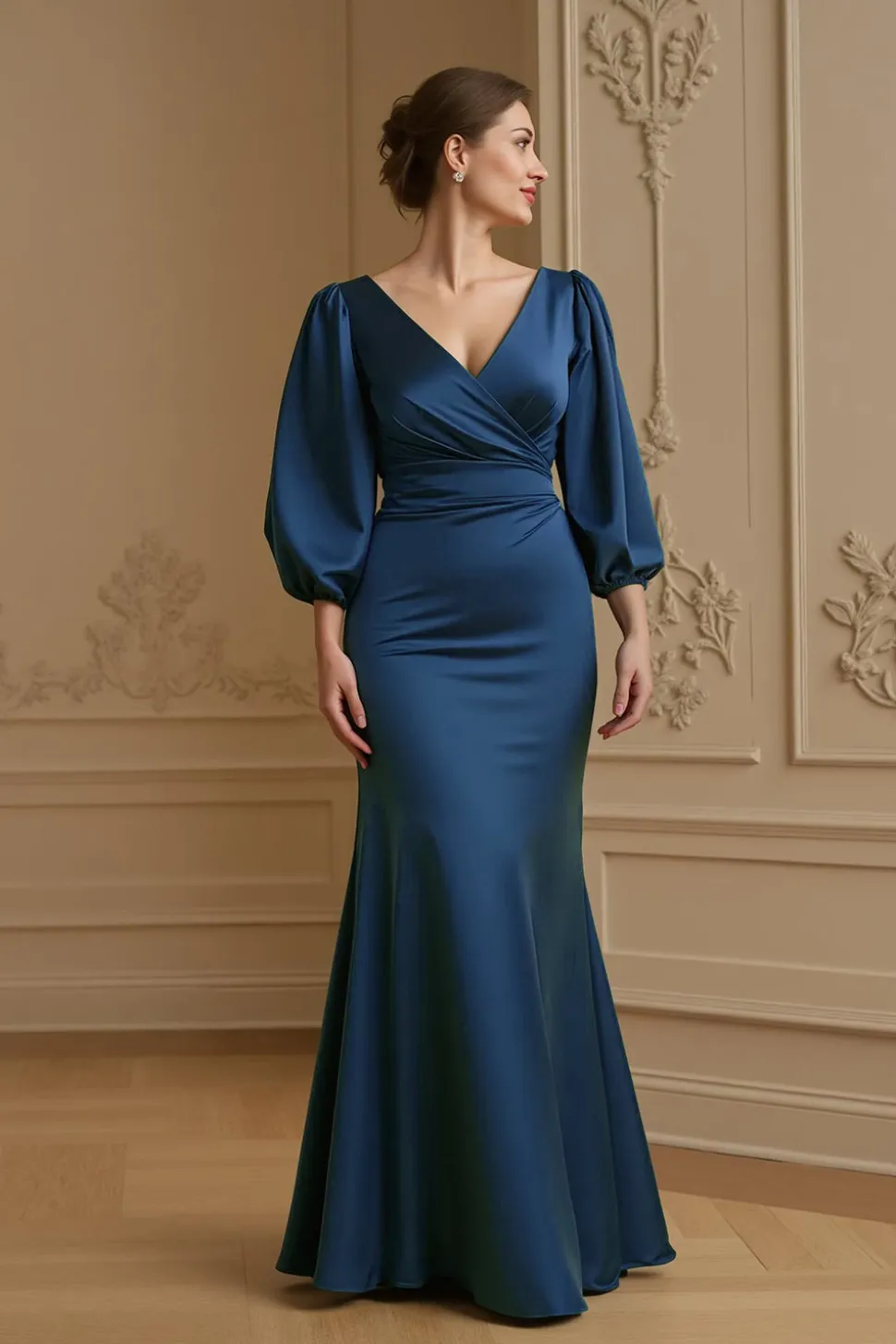 Sereia Cetim V Pescoço Marinha Vestido de Noiva com 3/4 Mangas