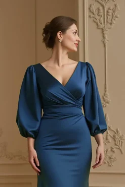 Sereia Cetim V Pescoço Marinha Vestido de Noiva com 3/4 Mangas
