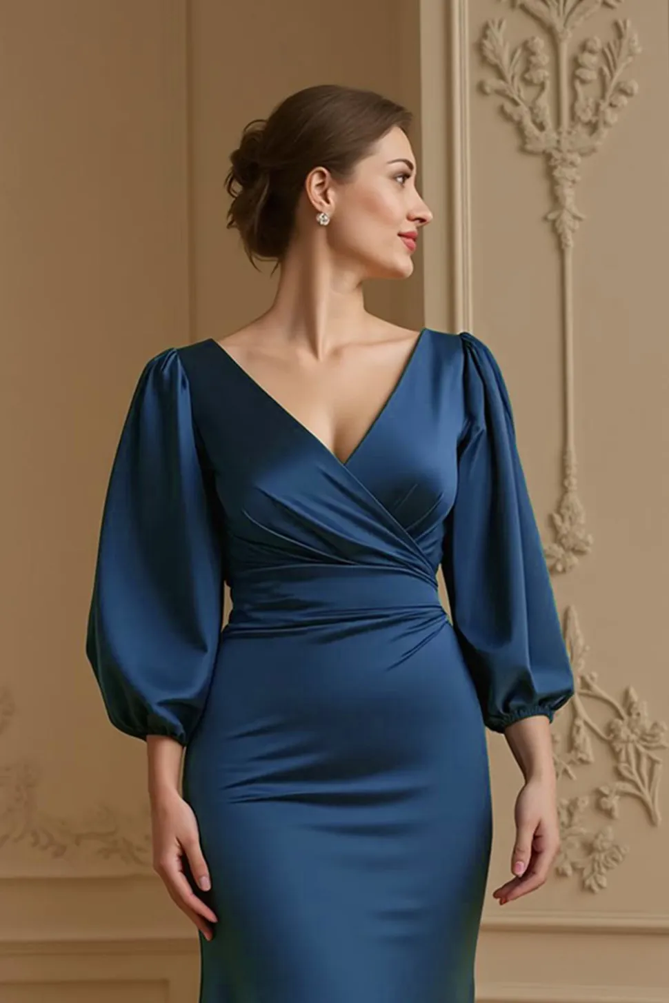 Sereia Cetim V Pescoço Marinha Vestido de Noiva com 3/4 Mangas