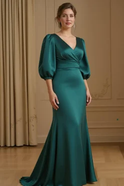 Sereia Cetim V Pescoço Marinha Vestido de Noiva com 3/4 Mangas