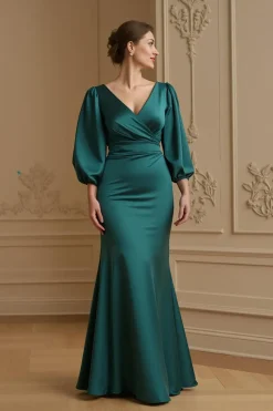 Sereia Cetim V Pescoço Marinha Vestido de Noiva com 3/4 Mangas