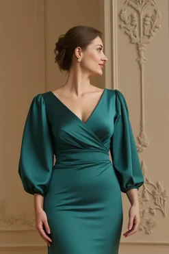Sereia Cetim V Pescoço Marinha Vestido de Noiva com 3/4 Mangas