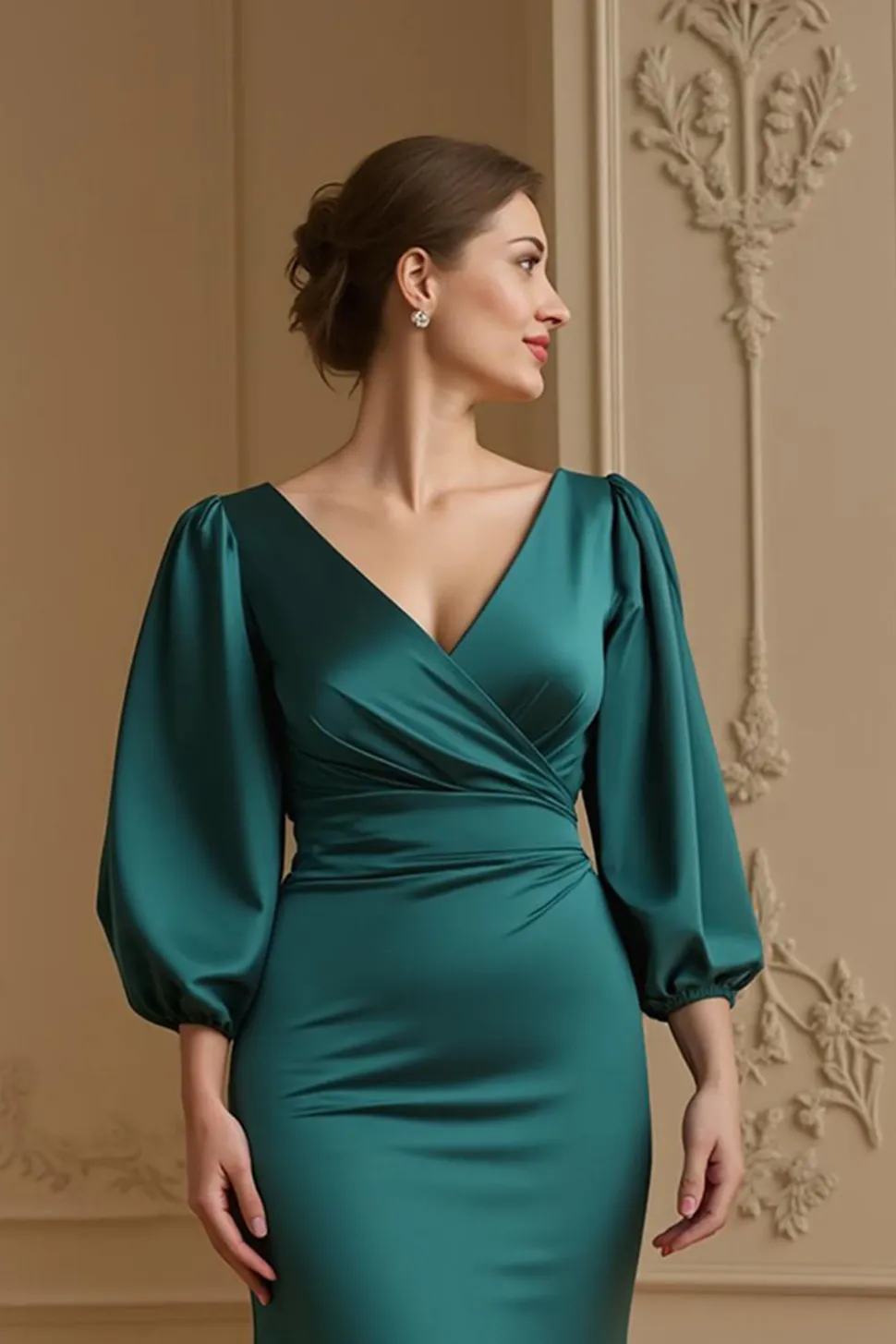 Sereia Cetim V Pescoço Marinha Vestido de Noiva com 3/4 Mangas