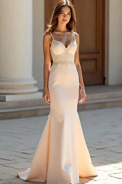 Sereia Champagne Matte Satin Long Prom Vestido