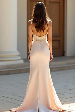 Sereia Champagne Matte Satin Long Prom Vestido