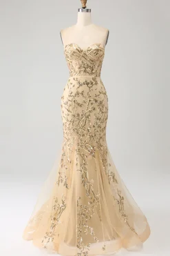 Sereia Champagne Sparkly Corset Prom Dress