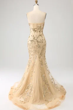 Sereia Champagne Sparkly Corset Prom Dress