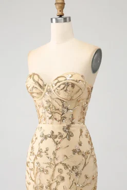 Sereia Champagne Sparkly Corset Prom Dress