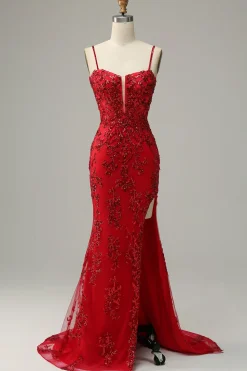 Sereia Cintas de Espaguete Vermelho Vestido de Festa