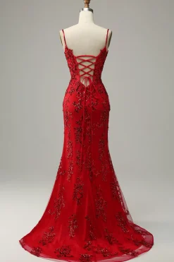 Sereia Cintas de Espaguete Vermelho Vestido de Festa