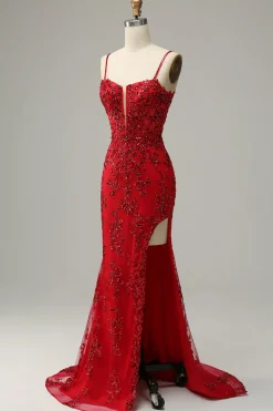 Sereia Cintas de Espaguete Vermelho Vestido de Festa