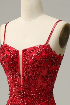 Sereia Cintas de Espaguete Vermelho Vestido de Festa