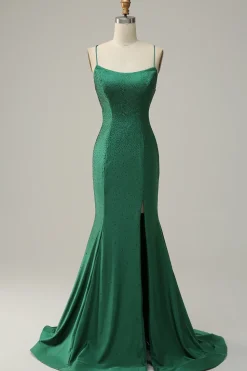 Sereia Cintas de Espaguete Verde Escuro Vestido de Festa