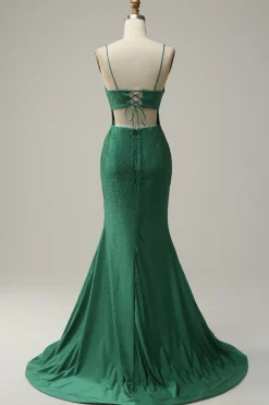 Sereia Cintas de Espaguete Verde Escuro Vestido de Festa
