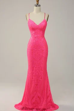 Sereia Cintas de Espaguete Rosa Vestido de Festa