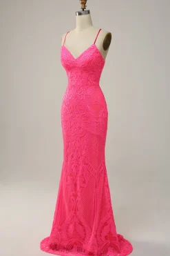 Sereia Cintas de Espaguete Rosa Vestido de Festa