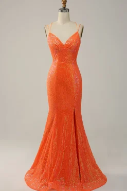 Sereia Cintas de Espaguete Laranja Lantejoulas Vestido de Festa