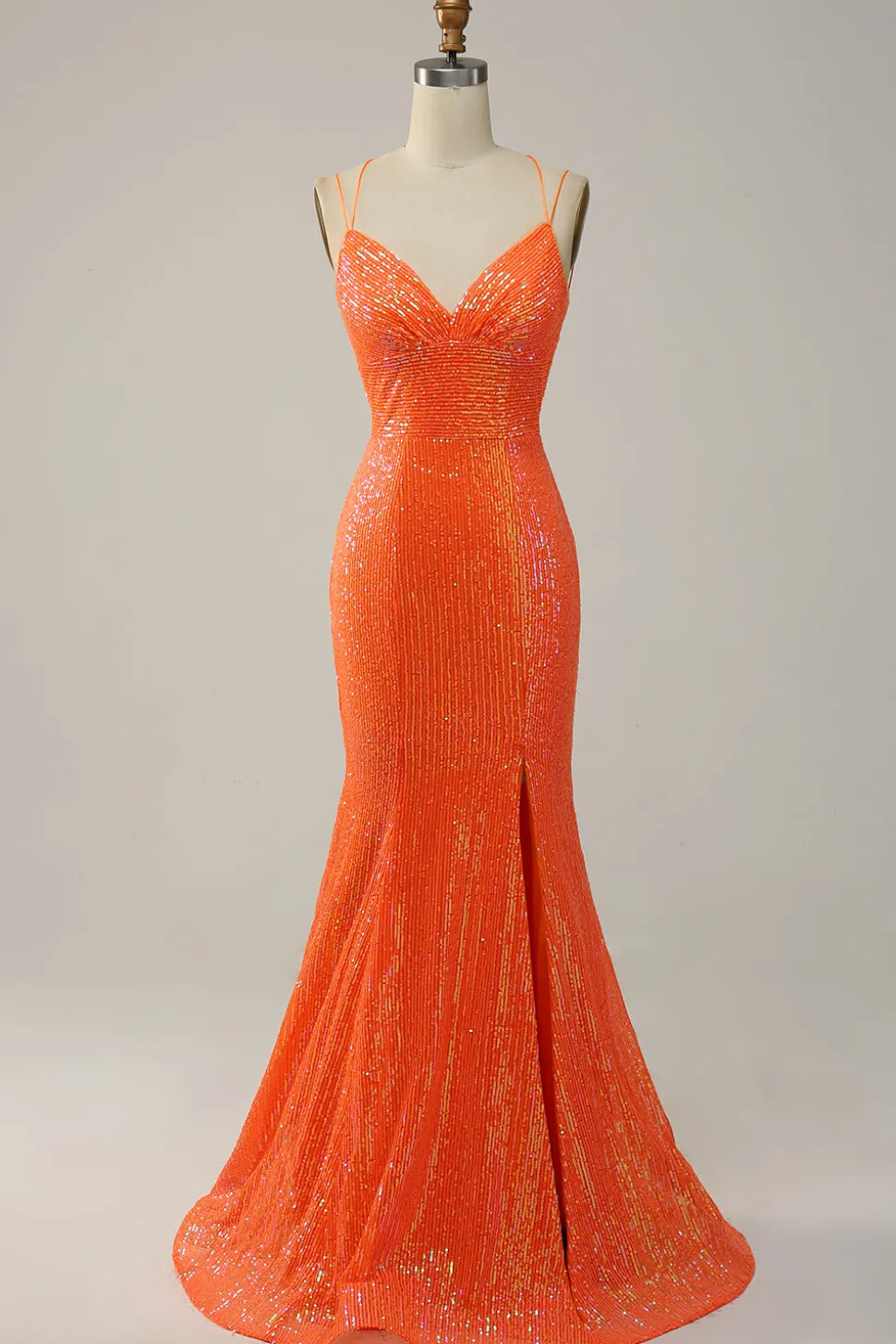 Sereia Cintas de Espaguete Laranja Lantejoulas Vestido de Festa