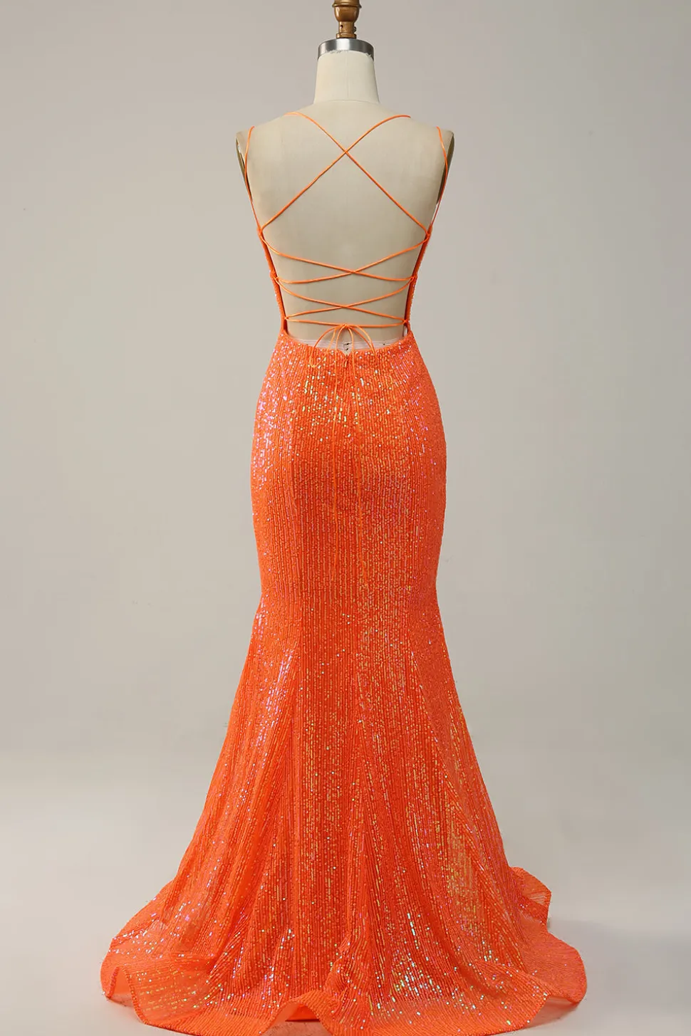 Sereia Cintas de Espaguete Laranja Lantejoulas Vestido de Festa