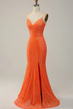 Sereia Cintas de Espaguete Laranja Lantejoulas Vestido de Festa