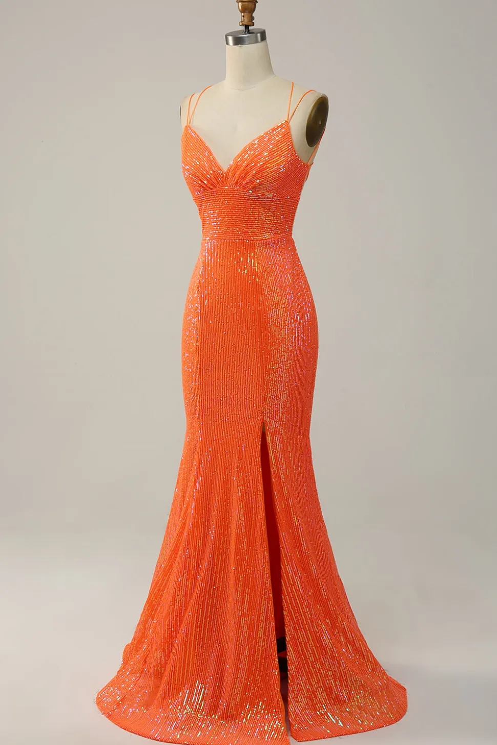 Sereia Cintas de Espaguete Laranja Lantejoulas Vestido de Festa