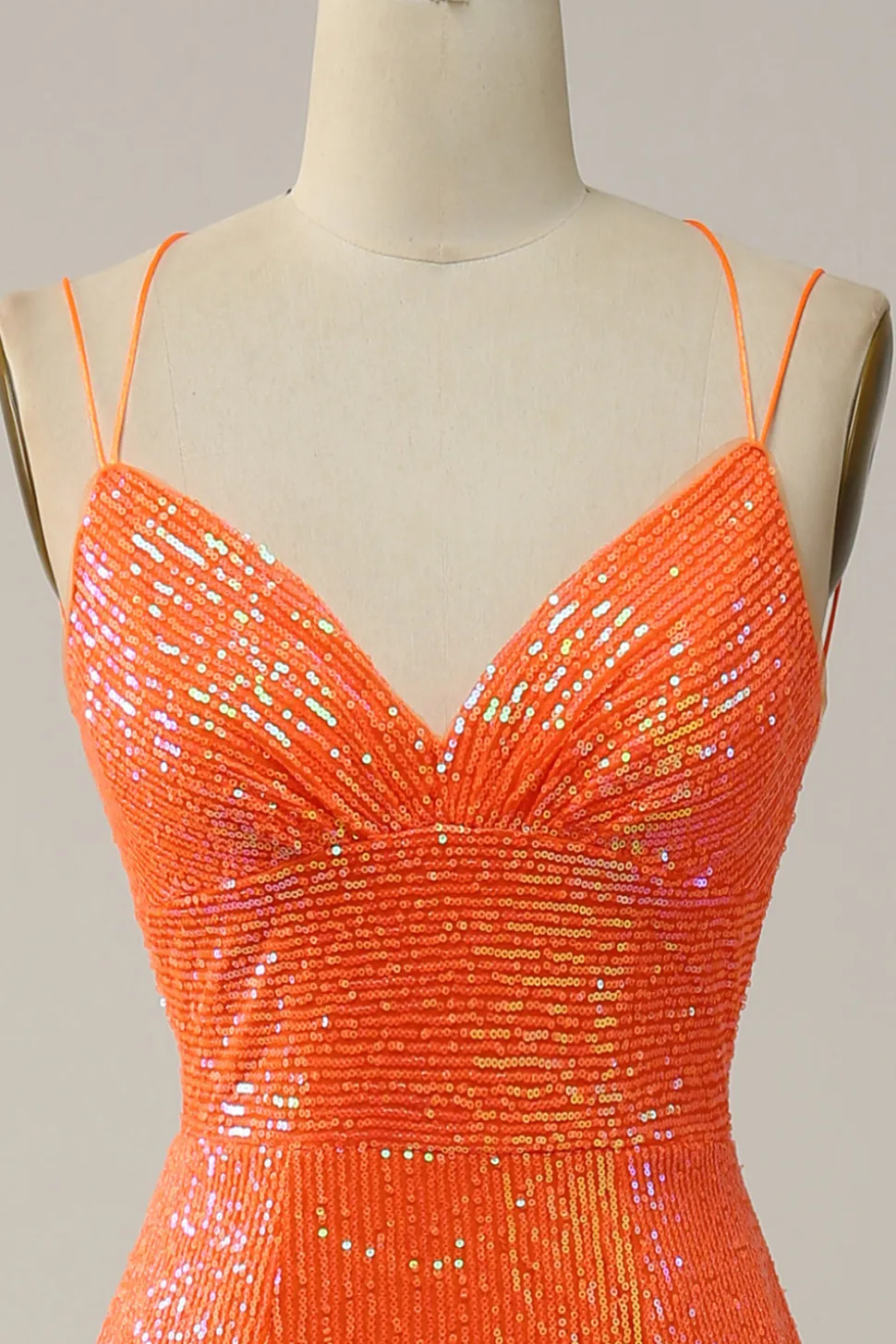 Sereia Cintas de Espaguete Laranja Lantejoulas Vestido de Festa