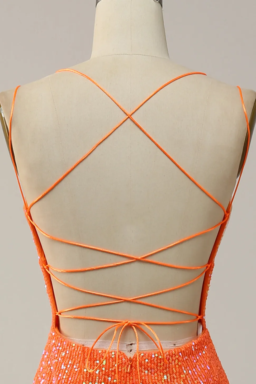Sereia Cintas de Espaguete Laranja Lantejoulas Vestido de Festa