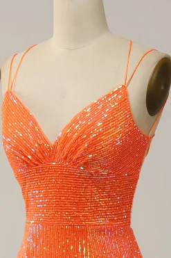 Sereia Cintas de Espaguete Laranja Lantejoulas Vestido de Festa