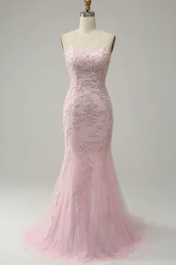 Sereia Cintas de Espaguete Rosa Claro Vestido de Festa Com Apliques