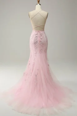 Sereia Cintas de Espaguete Rosa Claro Vestido de Festa Com Apliques