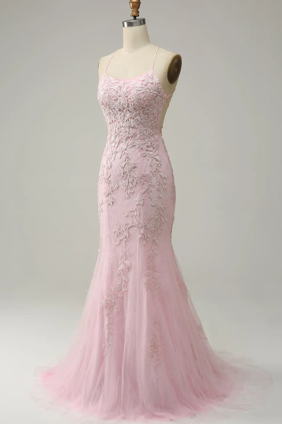 Sereia Cintas de Espaguete Rosa Claro Vestido de Festa Com Apliques