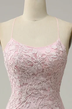 Sereia Cintas de Espaguete Rosa Claro Vestido de Festa Com Apliques