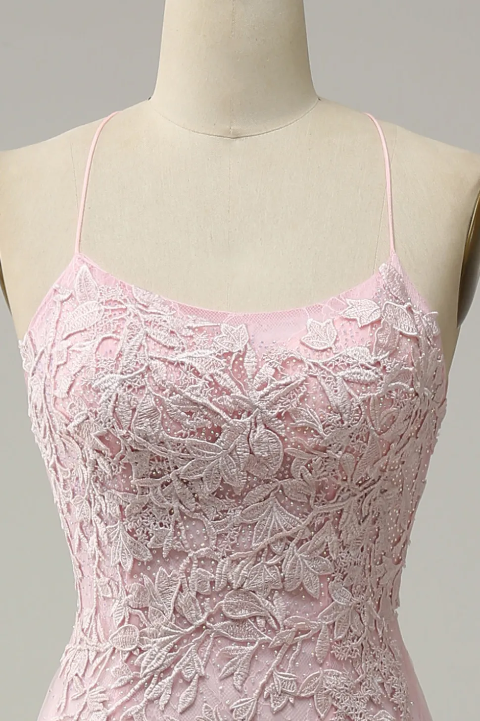 Sereia Cintas de Espaguete Rosa Claro Vestido de Festa Com Apliques